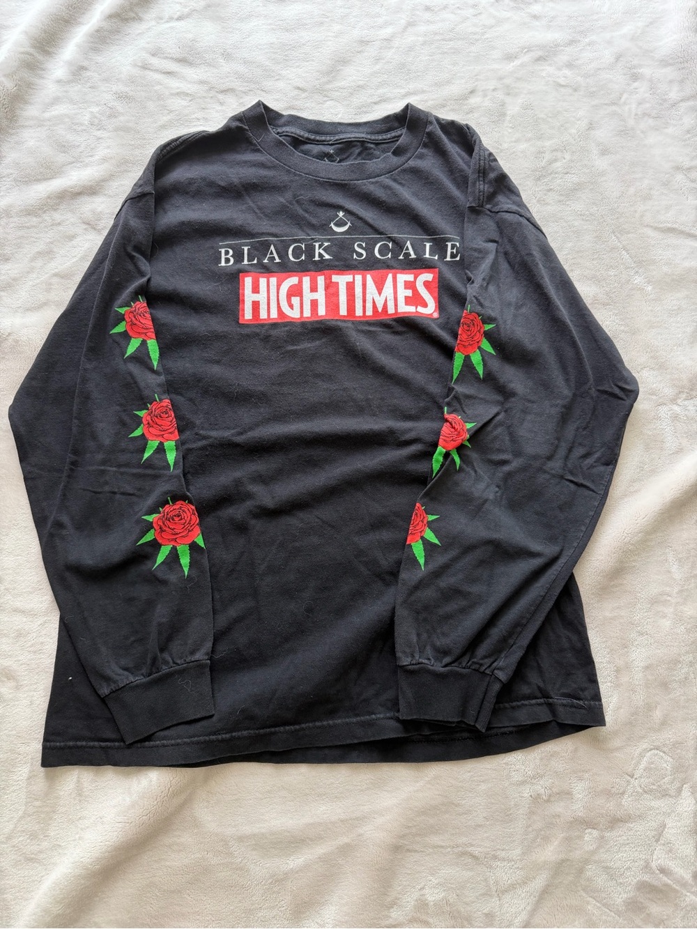 Black Scale Black Graphic Long Sleeve Tee with Sleeve Rose Prints